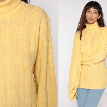 Yellow Cable Knit Sweater 90s Turtleneck Slouchy Knit Boho Pullover Cableknit 80s Jumper Cozy Vintage Acrylic Knit Jantzen Medium Large 