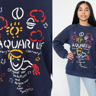 Aquarius Sweatshirt Zodiac Sweatshirt 80s Sweatshirt Vintage Astrology Raglan Sleeve Navy Blue Faded Graphic Print Medium 