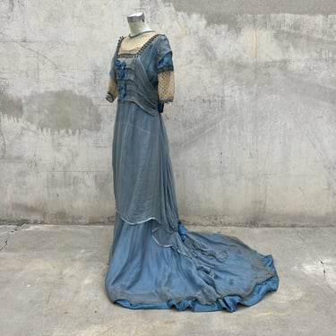 Antique Edwardian Icy Blue Dress W Train Silk Bows Embroidery Lace Gown Vintage