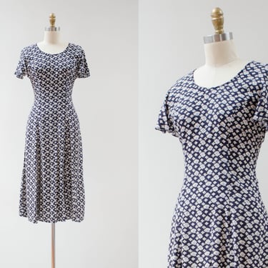 floral midi dress | 90s vintage dark floral navy blue white romantic cottagecore maiden flowy midi dress 