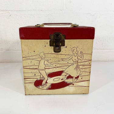 Vintage Platter-Pak Amfile 45 Box Record Case Holder Storage Mid-Century Music Musicians Instruments Dancers Red Beige Plastic Handle 50s 