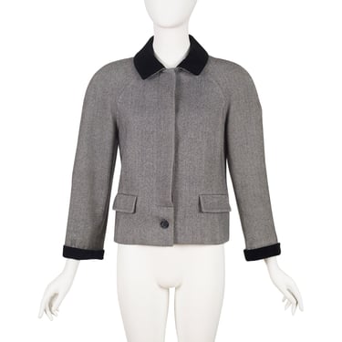 Nina Ricci 1980s Vintage Herringbone Wool Black Velvet Trim Jacket Sz M 