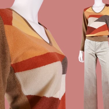 60s 70s geometric sweater. Soft lightweight V neck. Vintage fall fashion. Groovy mod op art. (S/M) 
