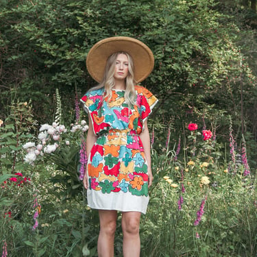 60s Embroidered Linen Tunic Dress, Psychedelic Tapestry Beach Kaftan, Boho Poncho Femme, Abstract Rainbow Mexican Dress, Birds Flowers 