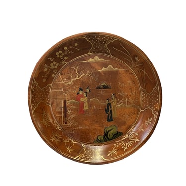 Chinoiseries Golden Graphic Brown Lacquer Round Display Disc Plate Tray ws3369E 
