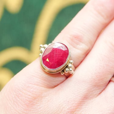Bohemian Sterling Silver Indian Ruby Ring, Faceted Pink Gemstone, Chunky Silver Ring, 925 Jewelry, Size 6 1/2 US 