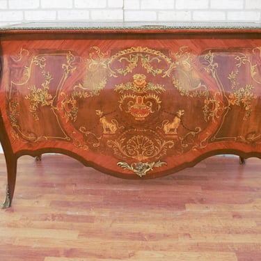 Antique French Louis XV Marquetry Style Mahogan Brass Ormolu Mounted Bombe Leather Top Desk