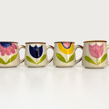 Colorful Hand Painted Flower Coffee Mugs Ceramic Retro Pattern Mid-Century Modern - Set of 4 