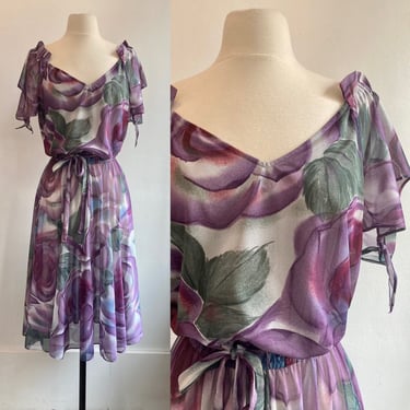 Vintage 70's 80's Boho SCARF Style Party Dress / OFF SHOULDER + Tie Sleeves / Sheer 