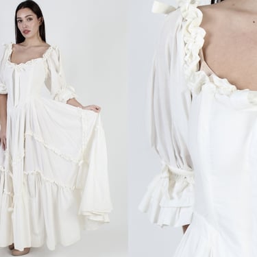 1980's Laura Ashley Designer Dress, Vintage White Full Skirt Wedding Gown, Tiered Off Shoulder Gown Maxi Size UK 14 US 12 