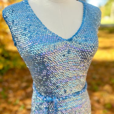 Breathtaking Iridescent Blue Lilac Hand Knit Sequined Dress MCM 34 to 40 Bust Vintage 