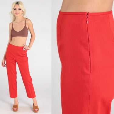 Slim Red Pants 90s Ankle Trousers Mid Rise Waist Trousers Cropped Tapered Straight Leg 1990s Vintage Summer Extra Small xs 