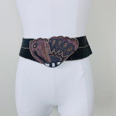 1980s Vintage Micheline Burke Seed Bead Butterfly Belt / 80s / Eighties Beaded Black Insect Novelty Belt / Small - Medium 