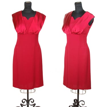 Vintage 1950s Dress ~ Valentine Sweetheart Neckline Red Rayon and Satin Cocktail Dress 