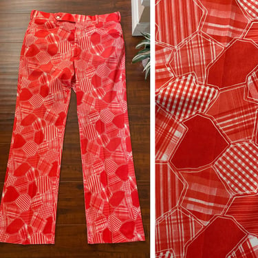 Vintage 1970’s Mens Red Patchwork Polyester Pants 