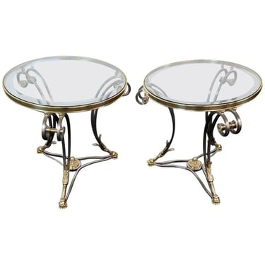 Pair Louis XV Style Brass & Steel Jansen Style Glass Top Gueridons End Tables 