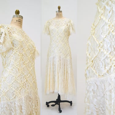 80s does 20s Vintage Lace Sequin Dress Medium Cream Off White// Vintage Sequin Lace Wedding Dress Boho Flapper Inspired Cream Lace Dress 