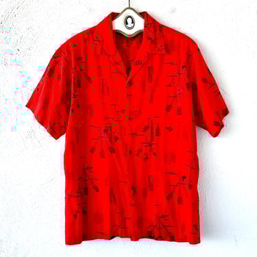 Vintage 50s 60s Malihini Hawaiian Kingdom Seal Aloha Shirt 1950s 1960s Andrade Hawaii Tiki Torches Collared Top 