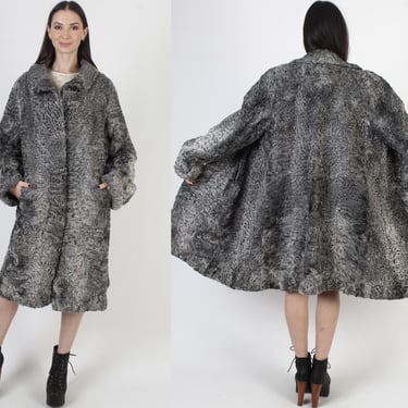 Manzari Milano Persian Lamb Coat, Grey Full Size Jacket, Real Curly Fur Backed Collar 