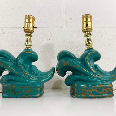 Vintage Ceramic Pair of Table Lamps Light Set Lamp Shade MCM Mad Men Mid-Century 1960s Small Accent Lighting Nightstand Blue Teal Gold 