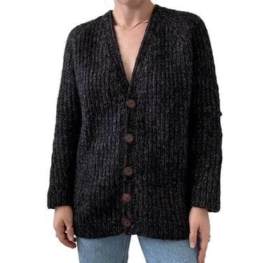 Vintage Womens Hand Knit Black Brown Marled 100% Wool Ribbed Chunky Cardigan 