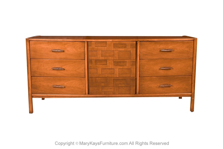 Mid-Century Walnut Weave Pattern Long Dresser 