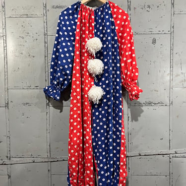 M/L 80s Vintage Halloween Costume, Homemade Cotton Circus Clown jumpsuit polka dots split Adult Medium large 