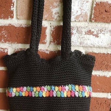 Vintage 60s Black Hand Crochet Bag w/Splashes of Color and Scallop Trim 