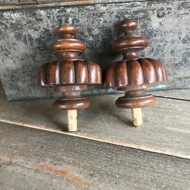 Pair Wooden Finial Posts, Polished Turned Wood, Drapery Rod Ends, Set of 2 
