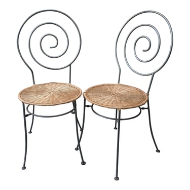 COMING SOON - Vintage Swirl Nautilus Back Metal With Woven Wicker Seat Dining Chairs - a Pair