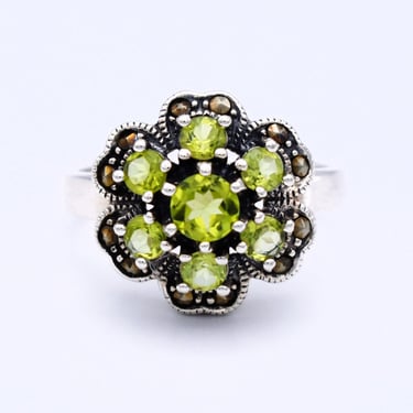 80's peridot marcasite sterling size 10 flower ring, tiered NM 925 silver olivine pyrite cocktail ring 