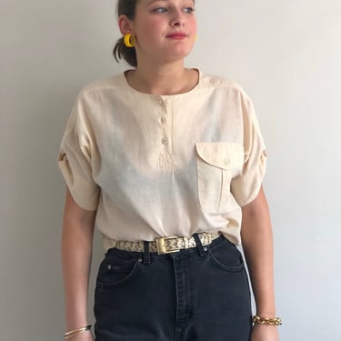 90s linen sheer blouse / vintage ivory linen henley short dolman batwing sleeve cropped sheer popover pocket shirt blouse | Medium 