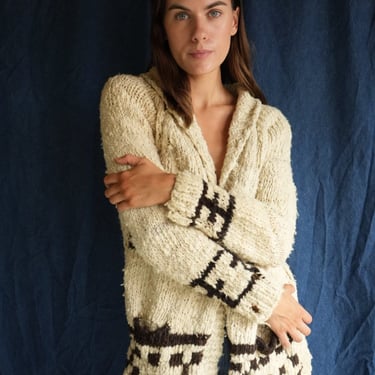 70s Cardigan Sweater / Cream and Brown Knit Cardigan Sweater with Pockets / Unisex Sweater 