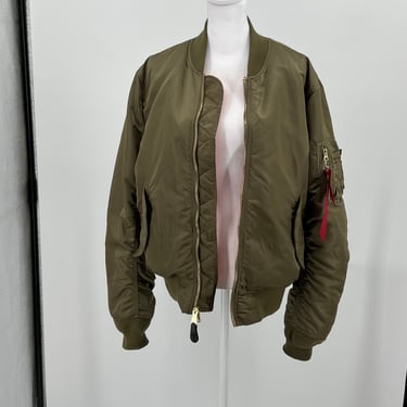 Vintage Alpha Bomber Jacket in Olive Green Lots of Pockets Size L 