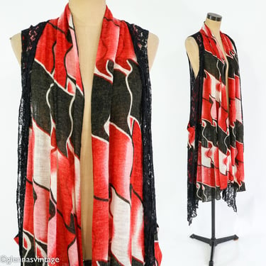 1990s Red Black Long Vest | 90s Op Art Red & Black Shawl Vest | Funsport | Medium 