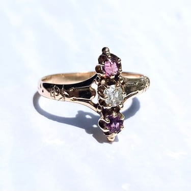 Sweet Antique Victorian 10K Gold Genuine Diamond  & Garnet Paste Ring Sz 5.5 