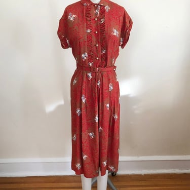 Red/Orange Conversational Poodle Print Shirt Dress - 1940s 