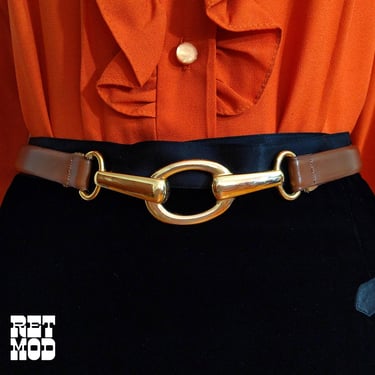 Fabulous Vintage 80s Brown Leather Adjustable Belt with Gold Loop Buckle 