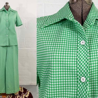 Vintage Green Plaid Mod Pantsuit Dagger Collar Short Sleeve Pants Minx TV Movie Costume Houndstooth Leslie Fay 2 Piece Leisure Suit Large 