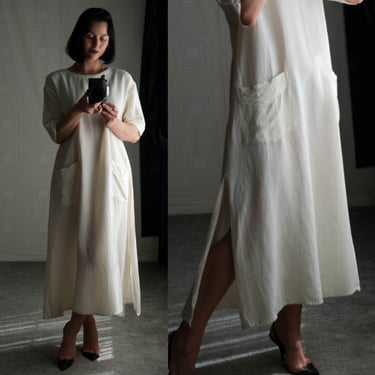 Vintage 80s ASHRO Natural Cotton Gauze Rayon Blend Shift Dress w/ Tilted Patch Pockets | Made in India | 1980s Designer Bohemian Dress 