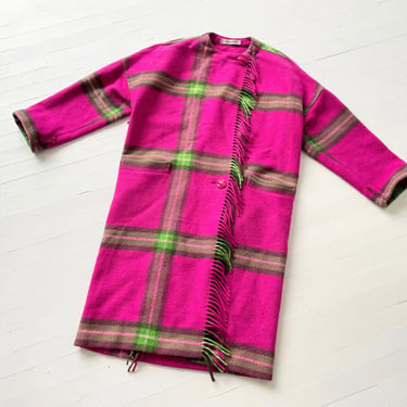 Vintage Pink + Green Plaid Wool Coat with Fringe 