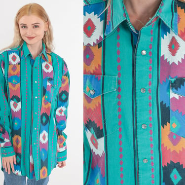 Wrangler Southwestern Shirt 90s Western Pearl Snap Teal Green Southwest Print Long Sleeve Button up Cowboy Vintage 1990s Mens Small 15 1/2 
