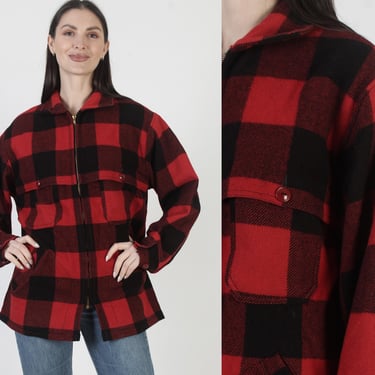 Woolrich Buffalo Plaid Jacket, Vintage 60s Chore Coat, Wool Mackinaw Zip Up 