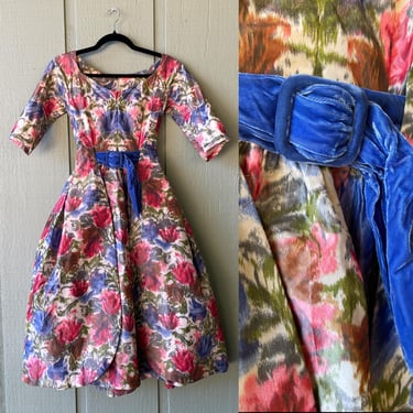 1950s Handmade Floral Tea Party Dress w 3/4 Length Sleeves, Blue Velvet Belt | Vintage, Pin Up, Girly, Princess, Rare, One of a Kind, Unique 