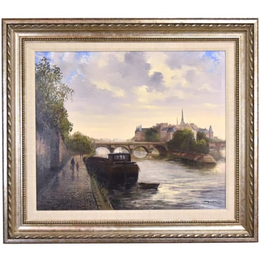 Midcentury Oil Painting Barge River Boat Along Seine Pont Neuf Notre Dame signed 