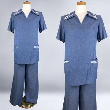 VINTAGE 60s Nautical Chambray Tunic Top and Pants Set by Dash About Size 18 | 1960s Plus Size Volup Wide Leg Pant Suit | Maternity | VFG 