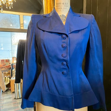1940s suit jacket, blue wool blazer, vintage jacket, exaggerated collar, small, girl Friday, film noir style, peplum waist, 26, rockabilly 