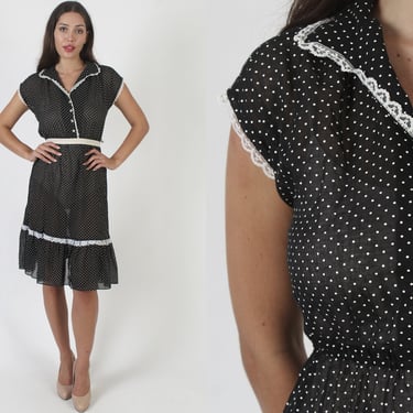 1970's Black Swiss Dot Dress, Short White Polka Dot Mini, Sheer See Through Cap Sleeves, Airy Lightweight Material 