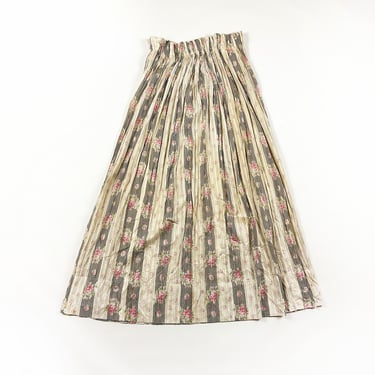 Vintage Victorian Cotton Rose And Stripe Print Skirt / Paper Bag Waist / Prairie / Handmade / Prairie / 1800s / 1900s / Small / Antique / 