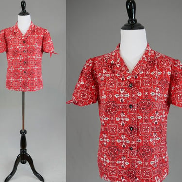 70s Red Bandana Print Blouse - Split Top Tie End Short Sleeves - Cotton - Vintage 1970s - M 